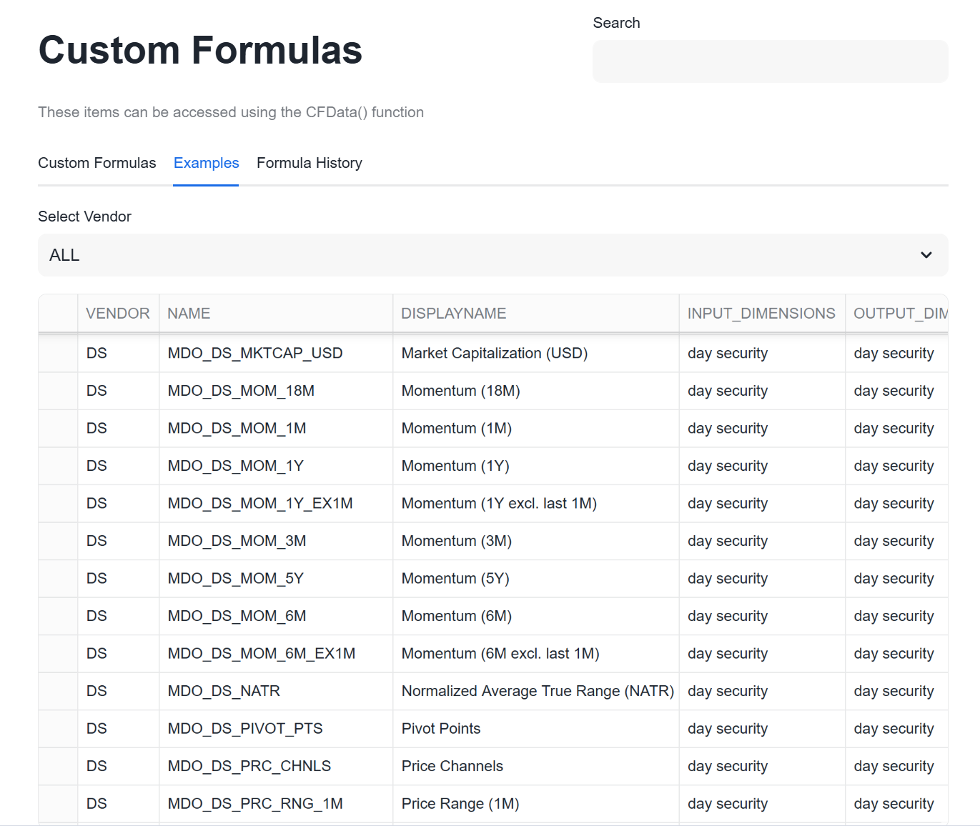 The Custom Formulas library — a searchable catalog of over 200 vetted factors organized by vendor and category