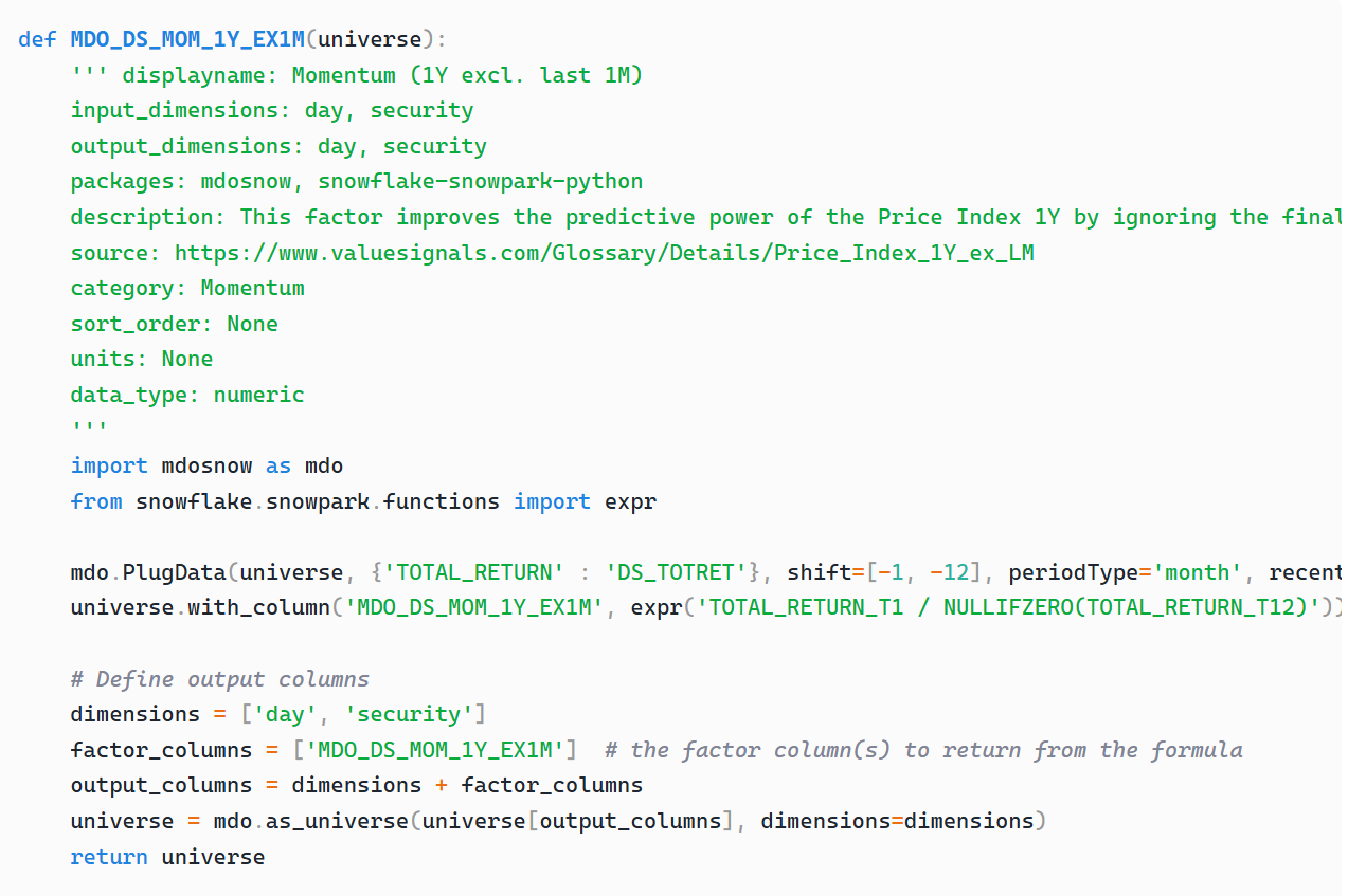 A Custom Formula defined in Python — the MDO_DS_MOM_1Y_EX1M momentum factor with metadata, dependencies, and the formula expression