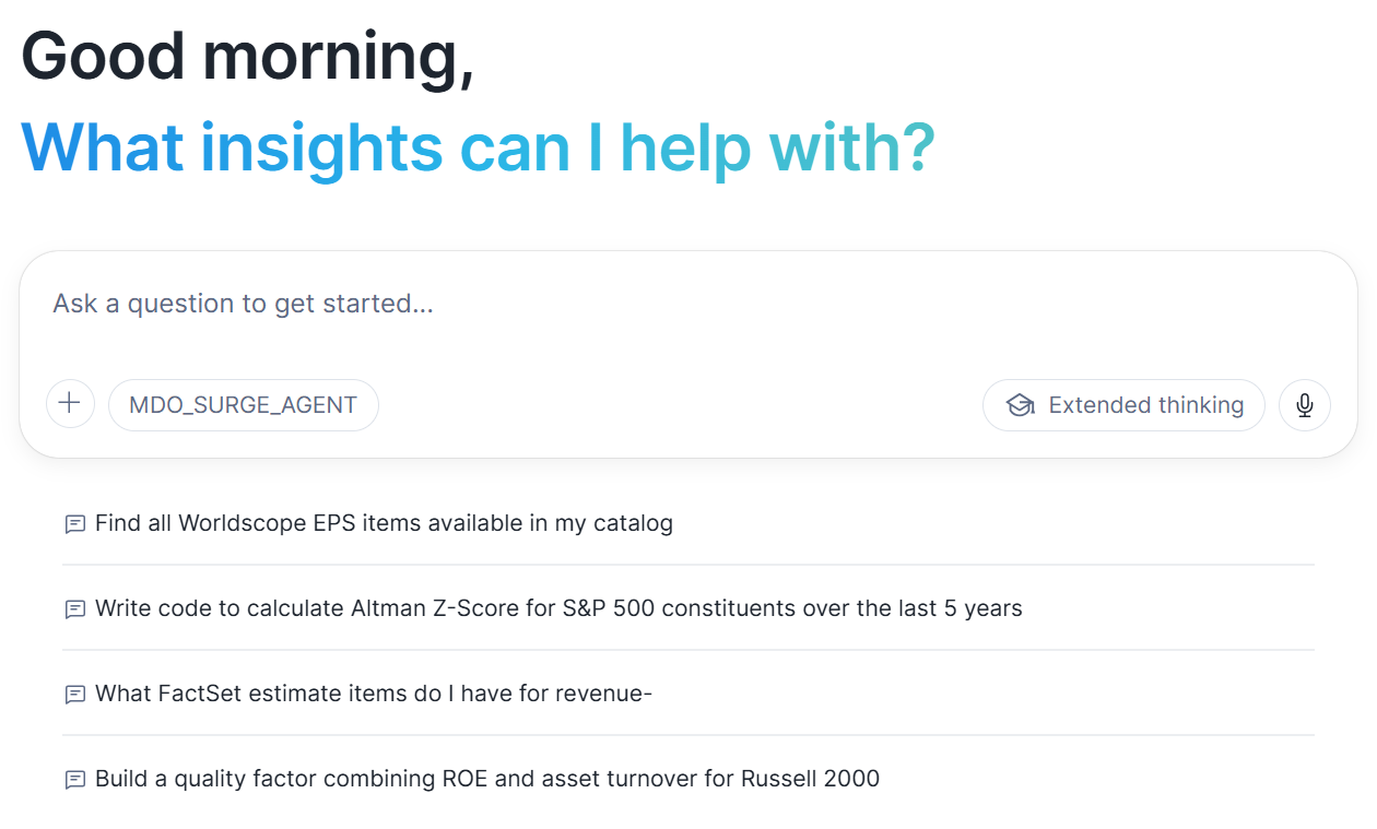 Surge welcome screen — natural-language prompt with example queries on the MDO Snowflake Native App