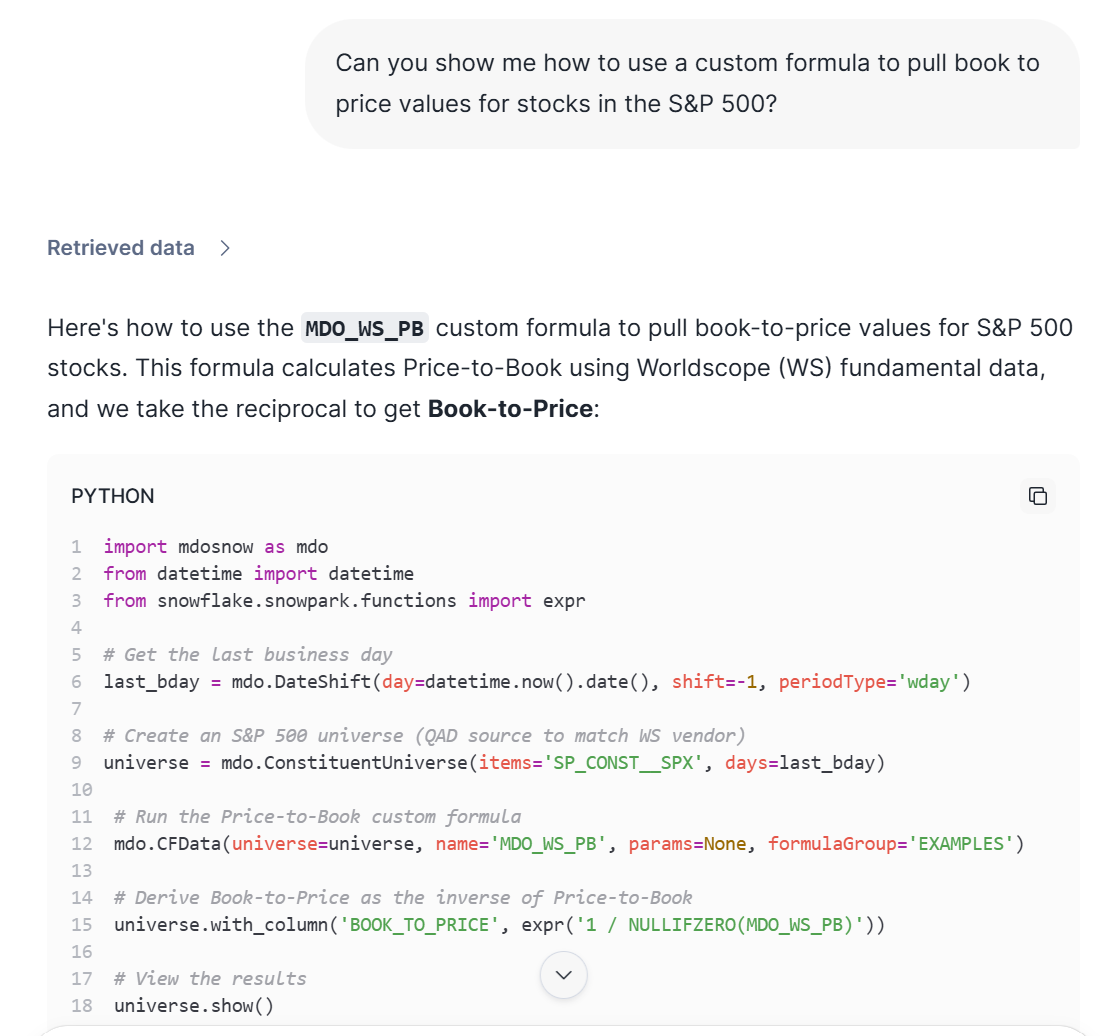 Surge response — generated Python code that calculates price-to-book ratios for the S&P 500 using MDO's mdo_us_lib library