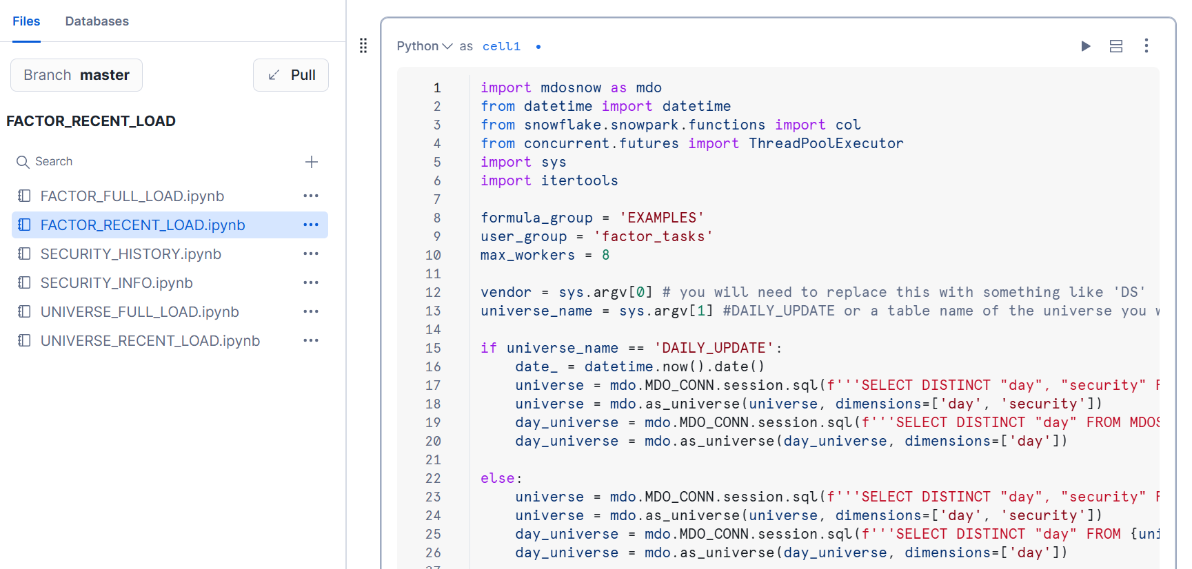 A Snowflake Python Notebook with MDO's mdosnow library imported, running a factor-load workflow